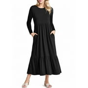 Mengpipi Women’s Fall Dress Casual Long Sleeve Crew Neck Dress Tiered Maxi Swing Dress with Pockets