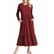 Mengpipi Women’s Fall Dress Casual Long Sleeve Crew Neck Dress Tiered Maxi Swing Dress with Pockets