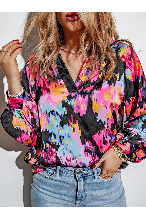 Women's Graffiti Printed V Neck Puff Sleeve Blouse Long Sleeve Satin Blouse Tops,XL