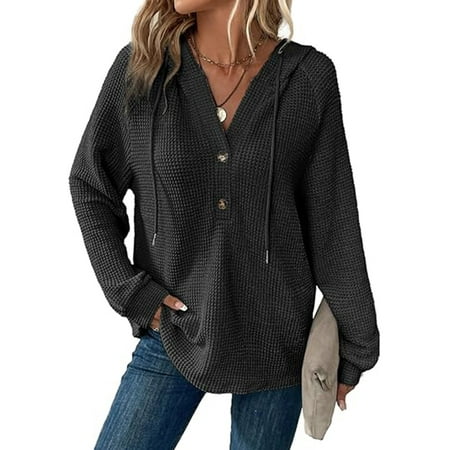 SIEANE Women's Hoodie Oversized Waffle Knit Tops Henley Casual Shirts Long Sleeve V Neck Solid Color Casual Tunic Sweatshirt S-2XL