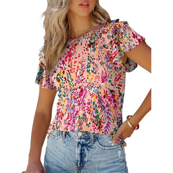 SIEANE Women's Layered Ruffle Butterfly Sleeve Round Neck Blouse Top