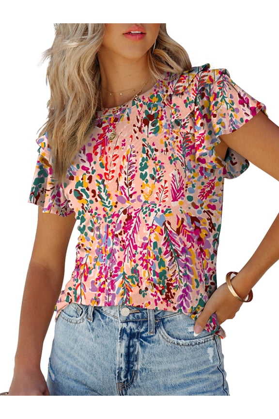 Women's Layered Ruffle Butterfly Sleeve Round Neck Blouse Top