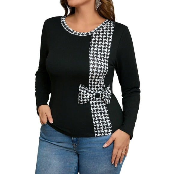 Women's Plus-Size Casual Daily Crew Neck Long Sleeve Fall Slim-Fitting Workmanship Stitching Bow Top 1X-4X