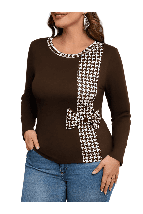 Women's Plus-Size Casual Daily Crew Neck Long Sleeve Fall Slim-Fitting Workmanship Stitching Bow Top 1X-4X