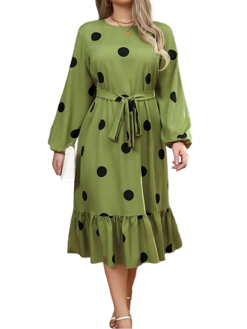SIEANE Women's Plus-Size Casual Fall Long Sleeve Polka Dot Retro A-line  Tunic Slim Medium Length Dress 1X-5X