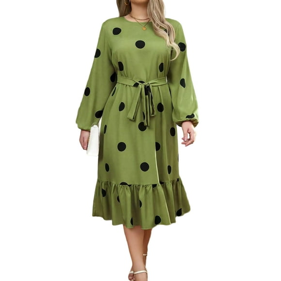 Women's Plus-Size Casual Fall Long Sleeve Polka Dot Retro A-line Tunic Slim Medium Length Dress 1X-5X