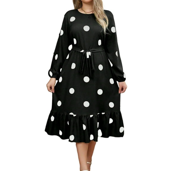 SIEANE Women's Plus-Size Casual Fall Long Sleeve Polka Dot Retro A-line Tunic Slim Medium Length Dress 1X-5X