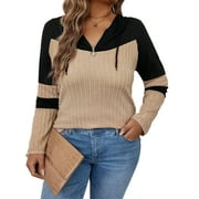 SIEANE Women's Plus-Size Casual Street Style V-Neck Long Sleeve Fall Matching Ribbed Knit Hooded Top 1X-4X