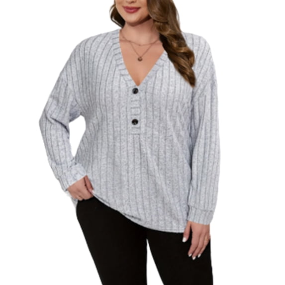SIEANE Women's Plus-Size Casual V-Neck Ribbed Knit Button Embellished Long-Sleeved Fall Versatile Jumper Top 1X-4X