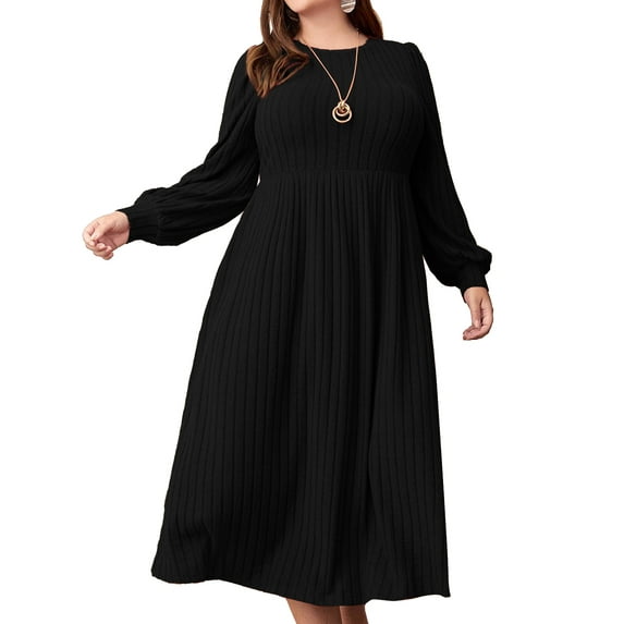 SIEANE Women's Plus-Size Casual Vintage Fall Long Sleeve Crew Neck Rib Knit Medium Length Dress 1X-4X