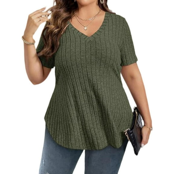 SIEANE Women's Plus Size short Sleeve Tops V Neck Pullover Sweaters Summer Blouse 1X-5X
