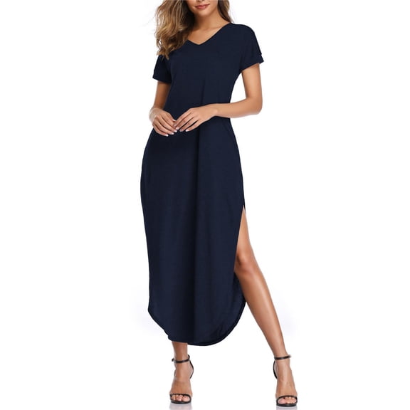 SIEANE Women's Short Sleeve V-Neck Split Maxi Dress with Pocket