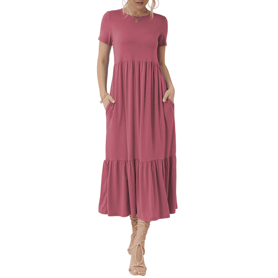 SIEANE Women's Summer Dress Casual Short Sleeve Crew Neck Dress Tiered Maxi Beach Dress with Pockets