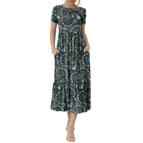 SIEANE Women's Summer Dress Casual Short Sleeve Crew Neck Dress Tiered Maxi Beach Dress with Pockets