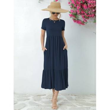 SIEANE Women's Summer Dress Casual Short Sleeve Crew Neck Dress Tiered Maxi Beach Dress with Pockets