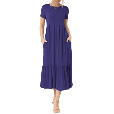 SIEANE Women's Summer Dress Casual Short Sleeve Crew Neck Dress Tiered Maxi Beach Dress with Pockets