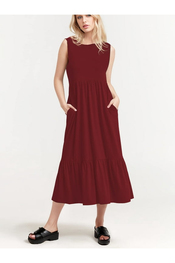 Women's Summer Dress Casual Sleeveless Crew Neck Dress Tiered Maxi Beach Dress with Pockets