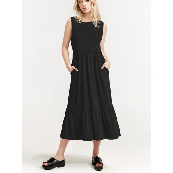 SIEANE Women's Summer Dress Casual Sleeveless Crew Neck Dress Tiered Maxi Beach Dress with Pockets