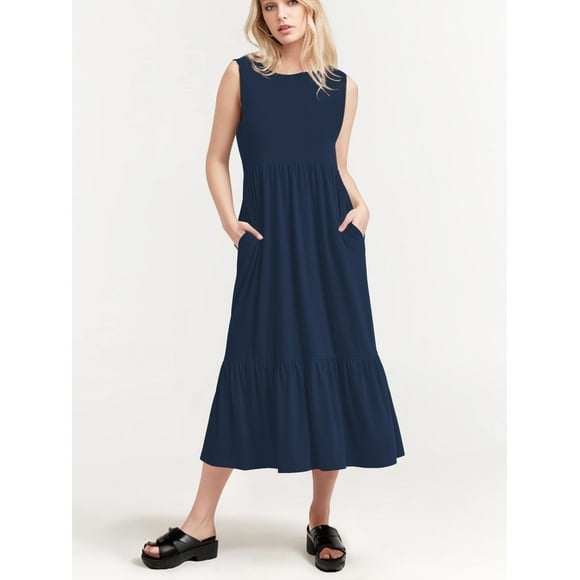 SIEANE Women's Summer Dress Casual Sleeveless Crew Neck Dress Tiered Maxi Beach Dress with Pockets