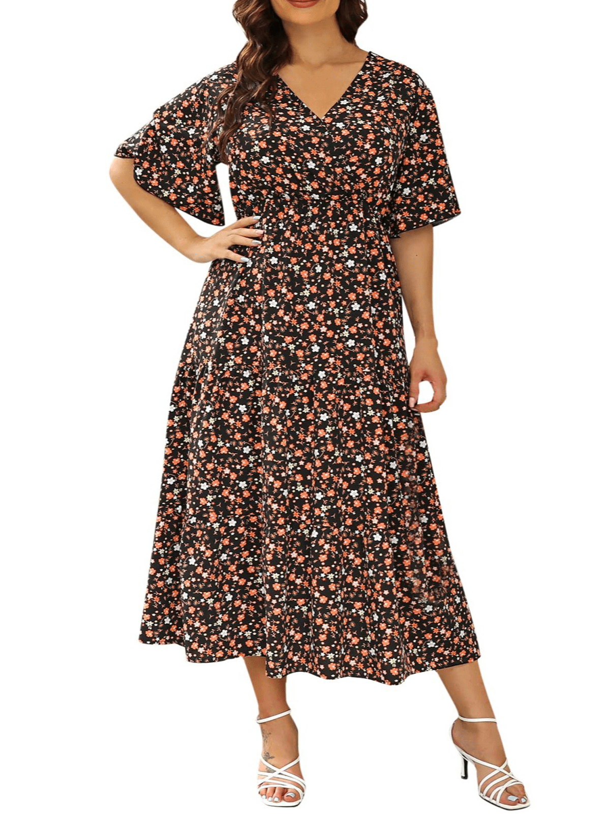 A-Line V-neck Floor-length Dress With Silt Coral Plus Size