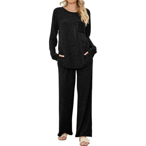 SIEANE Womens 2 Piece Lounge Sets Long Sleeve Wide Leg Pants Homewear Pajamas Set with Pocket S-XXL
