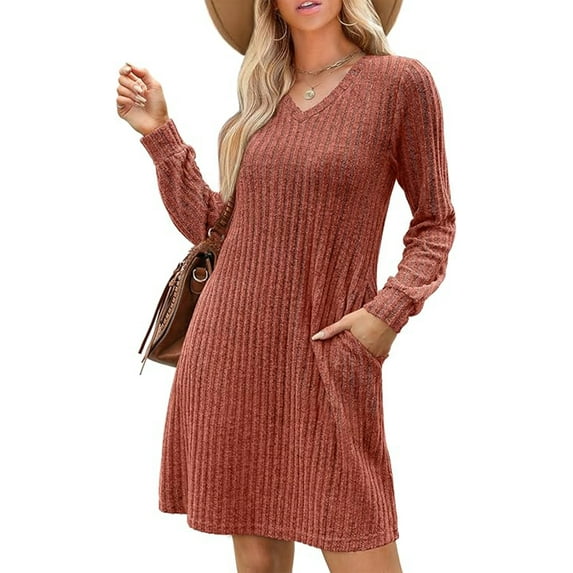SIEANE Womens Long Sleeve Sweater Dresses V Neck Casual Fall Dresses With Pockets S-XXL