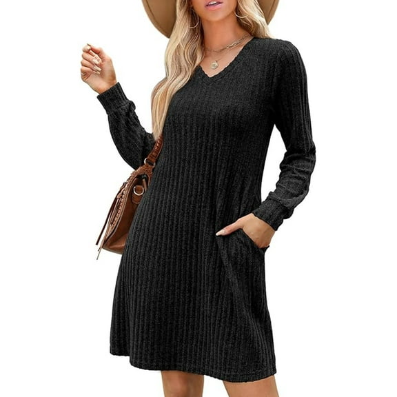 SIEANE Womens Long Sleeve Sweater Dresses V Neck Casual Fall Dresses With Pockets S-XXL