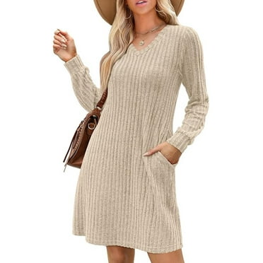 SIEANE Womens Long Sleeve Sweater Dresses V Neck Casual Fall Dresses With Pockets S-XXL