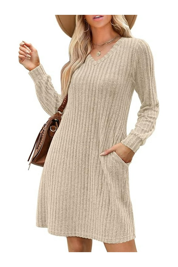 Womens Long Sleeve Sweater Dresses V Neck Casual Fall Dresses With Pockets S-XXL