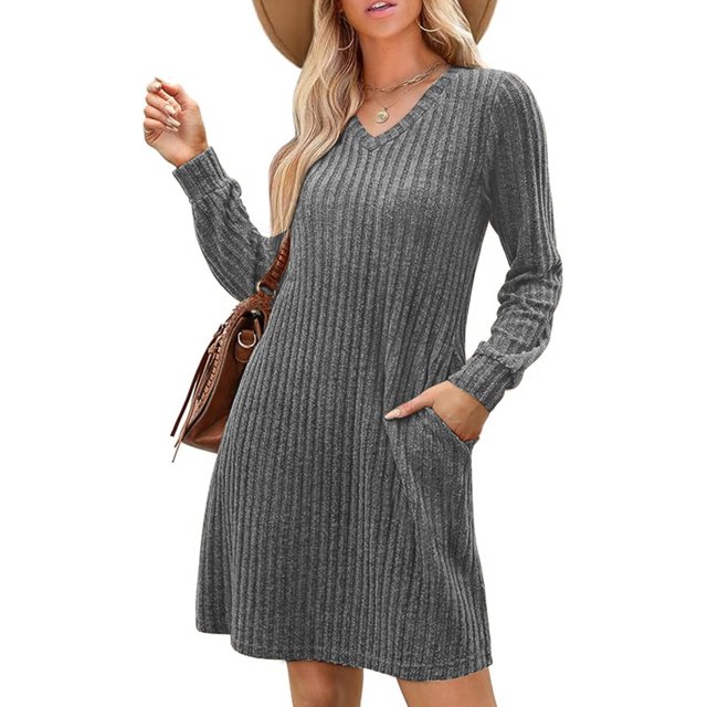 SIEANE Womens Long Sleeve Sweater Dresses V Neck Casual Fall Dresses With Pockets S-XXL