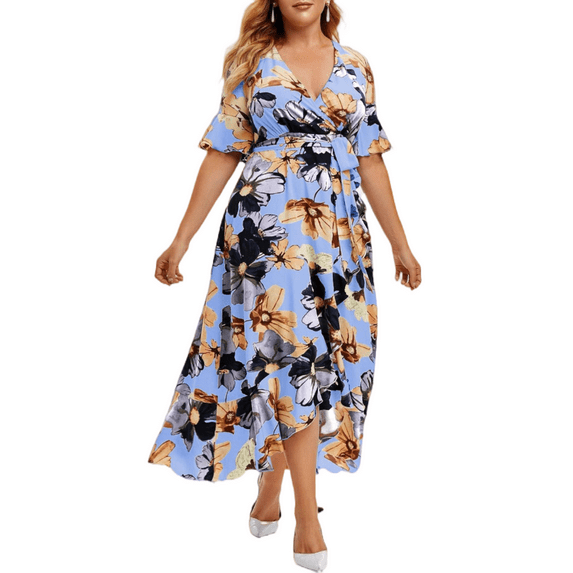 SIEANE Womens Plus Size Dress Ruffle Hem V-Neck Plus Size Maxi Wrap Dress 1X-4X