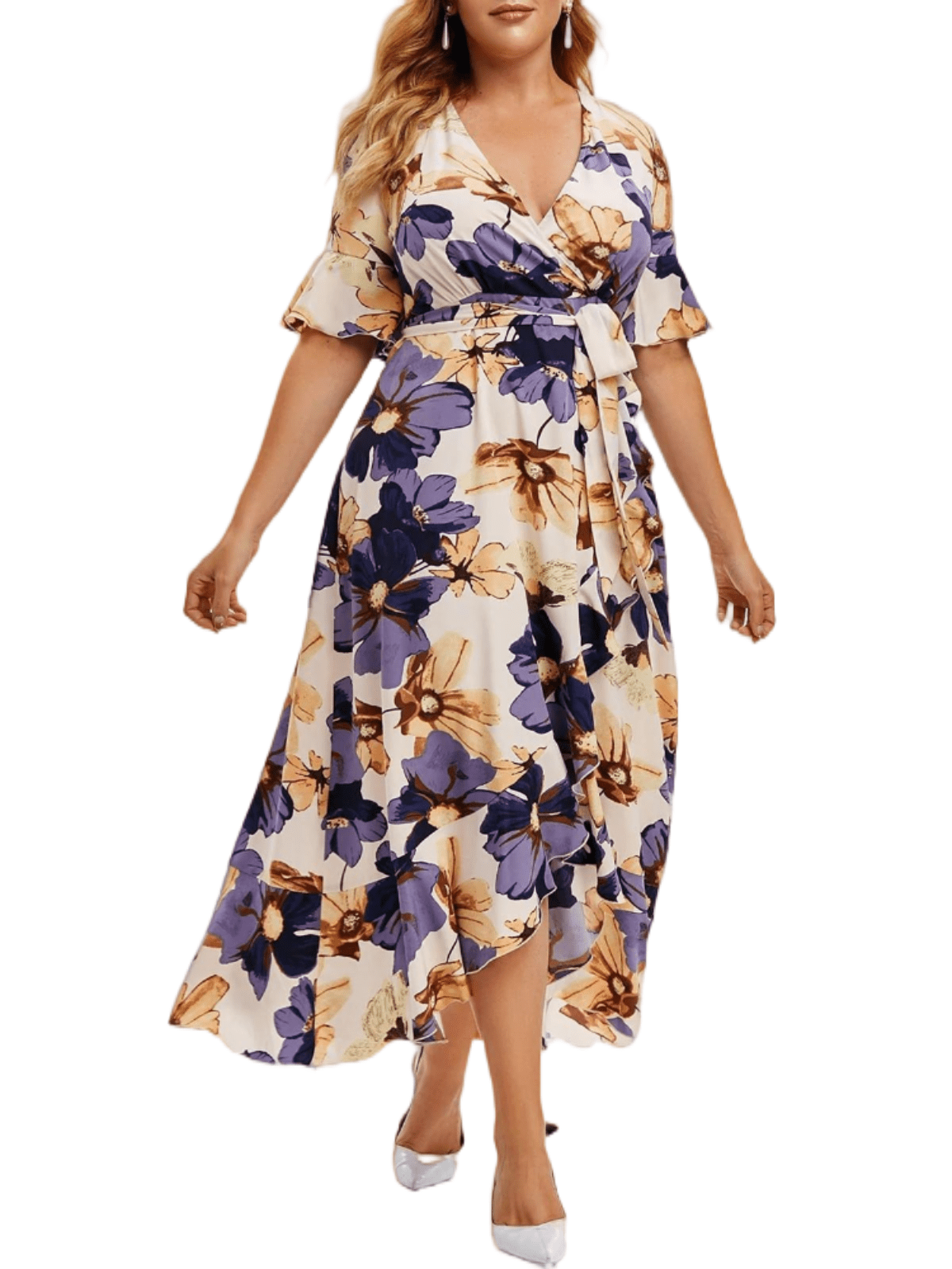 Plus Size Ruffled Hem V-Neck Balloon Sleeve Dress