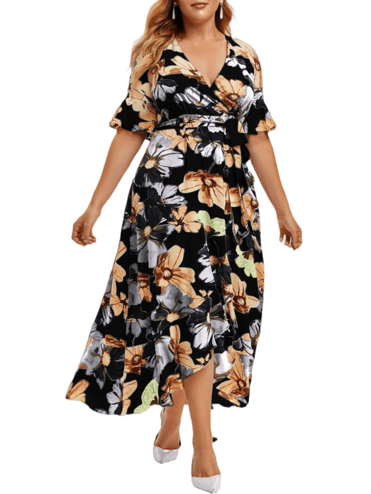 SIEANE Womens Plus Size Dress Ruffle Hem V-Neck Plus Size Maxi Wrap ...