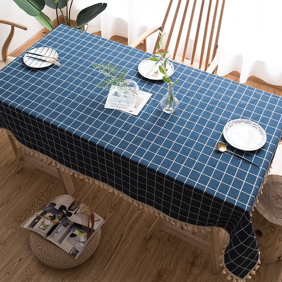 SIELUNO Rectangle Tablecloths with Tassel,Navy Blue Checkered Embroidery Resistant Washable Tablecloth Table Covers