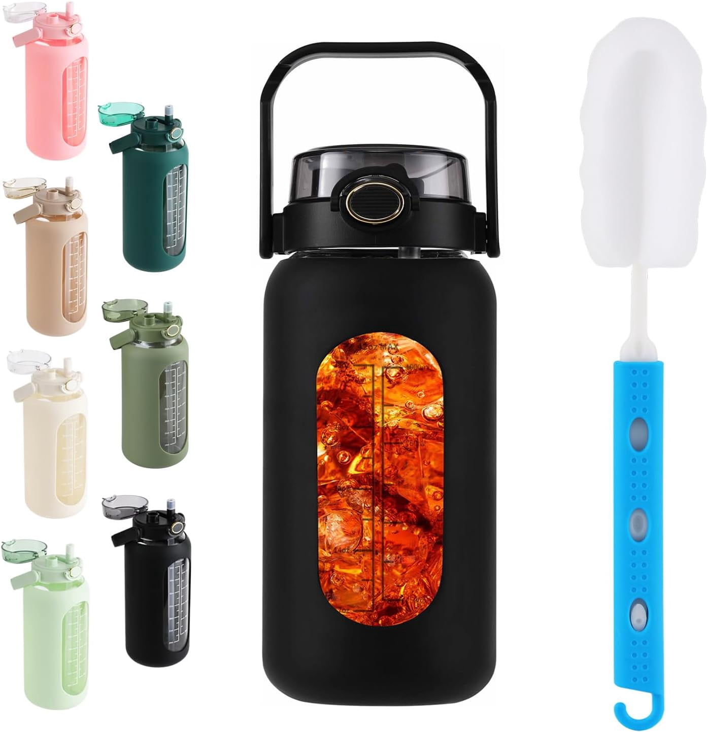 SIEROZUR 64 oz Glass Water Bottle with Straw and Handle Lid Half Gallon ...