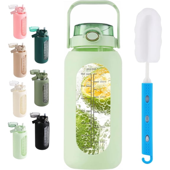 SIEROZUR 64oz Glass Water with Straw and Handle Lid Half Gallon Motivational Glass with Silicone Sleeve and Time Marker Large Reusable Sports Water Jug for Gym Home Workout