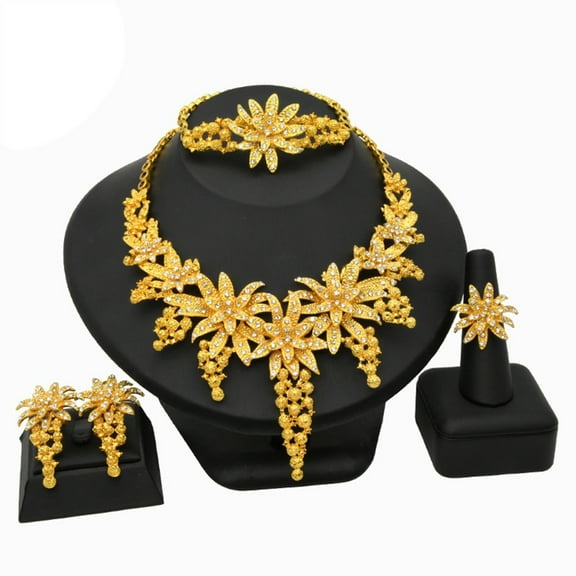 SIEYIO African Wedding 24K Gold Plated Jewelry Set Includes Earrings Bracelet Rings