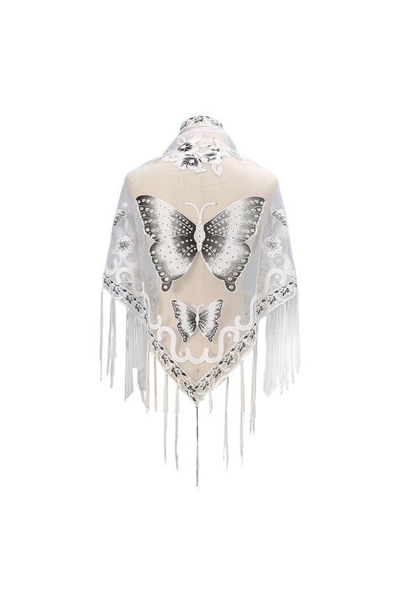 Butterfly Embroidered Shawls And Wrap Sheer Shawl With Fringe Triangle Scarf