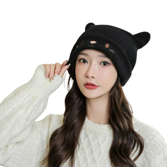 SIEYIO Cat Ear Knitted Wool Beanies Cap Autumn And Winter Warm Pullover Hat Handmade