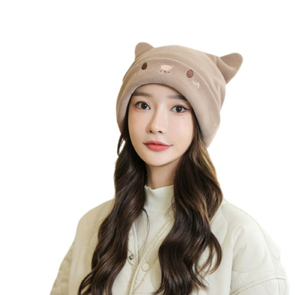 SIEYIO Cat Ear Knitted Wool Beanies Cap Autumn And Winter Warm Pullover Hat Handmade
