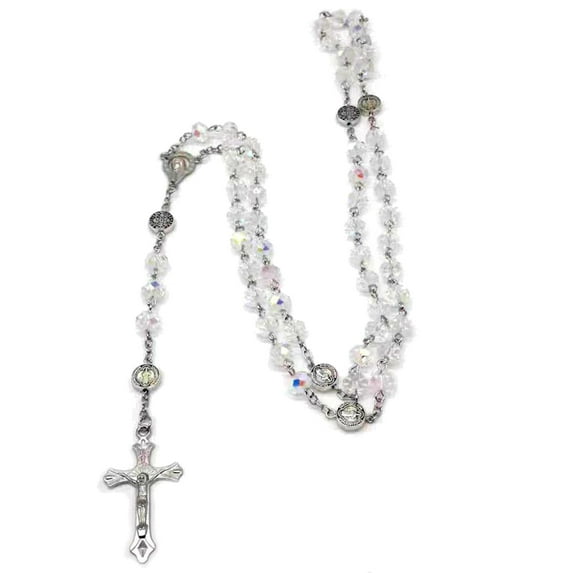 SIEYIO Colorful Crystal Beads Rosary Necklaces Cross Pendant Catholic Religious Necklaces for Men Women Jewelry Gift Long Chain