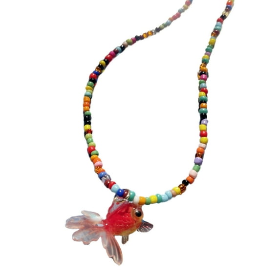 WINDLAND Beaded Necklace with Sweet Resin Fish Pendant Cute Rice Beads Choker Daily Wear