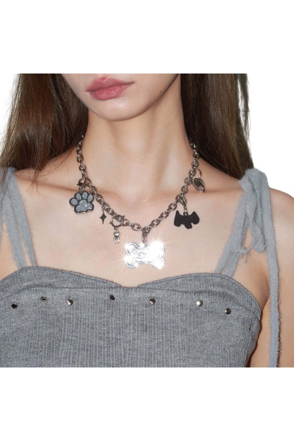 SIEYIO Dog Bone Tassels Pendant Necklace Metal Chain Gothic Choker Fashion Collar Necklace Y2k Punk Jewelry Clavicle Chain
