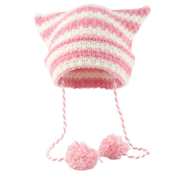 SIEYIO Elastic Striped Devil Ear Hat Handmade Cat Ear Shape Hat for Teenagers