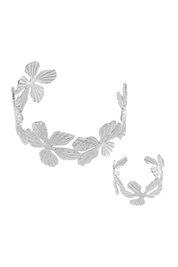 Elegant Floral Pattern Adjustable Bracelet Rings Combo Metal Jewelry Set of 2