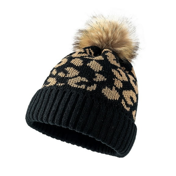 SIEYIO Leopard-print Knitted Wool Cap for W/Pompon Women Beanie Outdoor Casual Winter H
