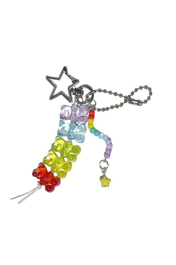 Multifunctional Rainbow Bead Keychain Vibranting Handmade Fashion Accessory with Lovely Bear Sturdy Pendant Daily Use