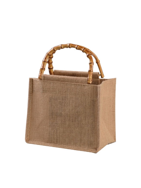 Portable Burlap Jute Shopping Bag Handbag Bamboo Loop Handles Reusable Tote