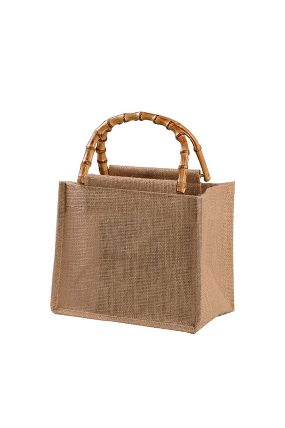 Portable Burlap Jute Shopping Bag Handbag Bamboo Loop Handles Reusable Tote