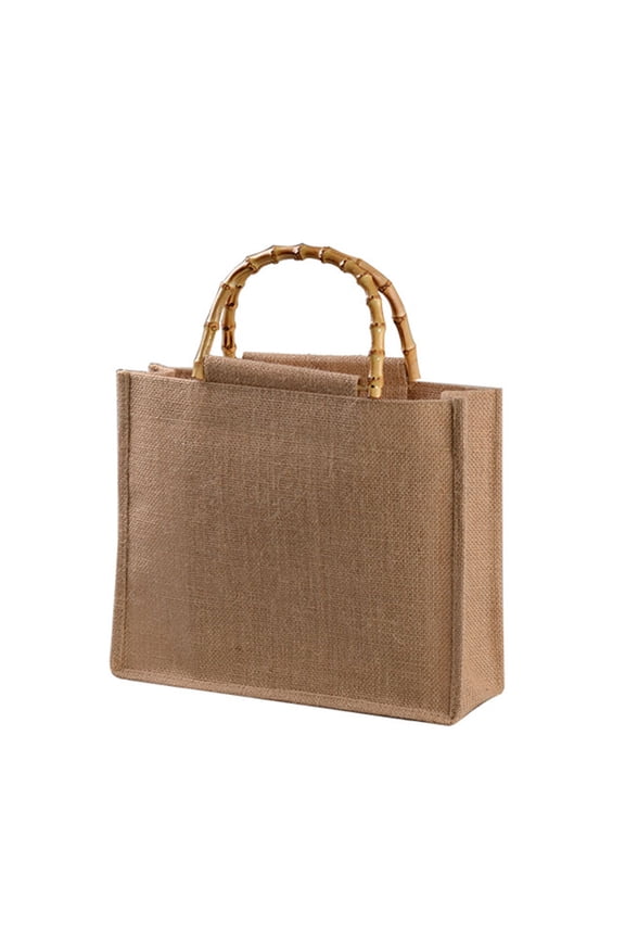 Portable Burlap Jute Shopping Bag Handbag Bamboo Loop Handles Reusable Tote